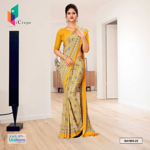 Musterd Yellow Women's Premium Italian Silk Ikat Print Hospital Uniform Sarees With Blouse Piece