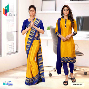 Musterd and Blue Women's Premium Italian Silk Geomatrical Print School Teacher Uniform Saree Salwar Combo