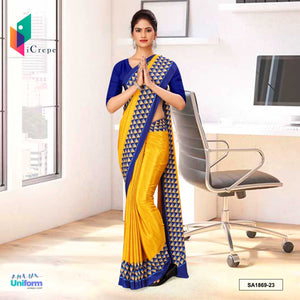 Musterd and Blue Women's Premium Italian Silk Geomatrical Print School Teacher Uniform Sarees With Blouse Piece