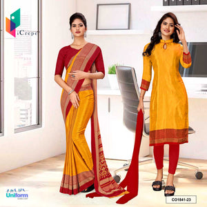 Musterd and Red Women's Premium Silk Crepe Plain Border Office Staff Uniform Saree Salwar Combo