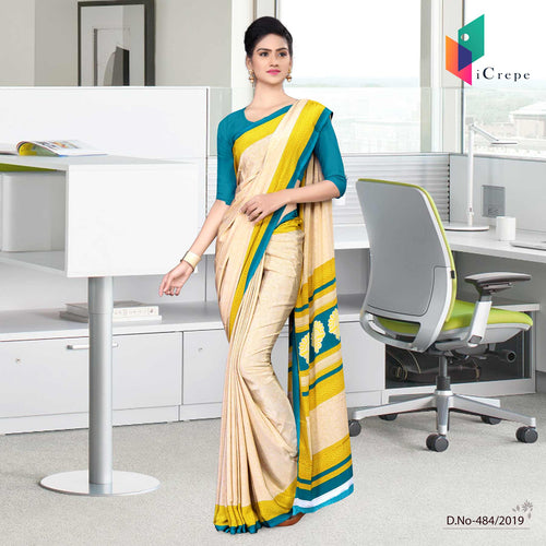 Off White And Blue Italian Crepe Silk Anganwadi Uniform Saree
