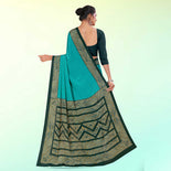 Turquoise and Botlle Green Women's Premium Italian Silk Plain Gaala Border School Teacher Uniform Saree