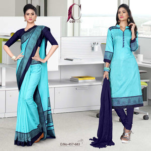 Sea Green and Navy Blue Women's Premium Manipuri Cotton Plain Gala Border Hospital Staff Uniform Sarees Salwar Combo