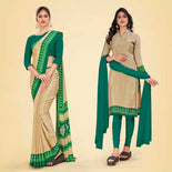 Beige and Bottle Green Women's Premium Italian Silk Small Butty Anganwadi Workers Uniform Saree Salwar Combo