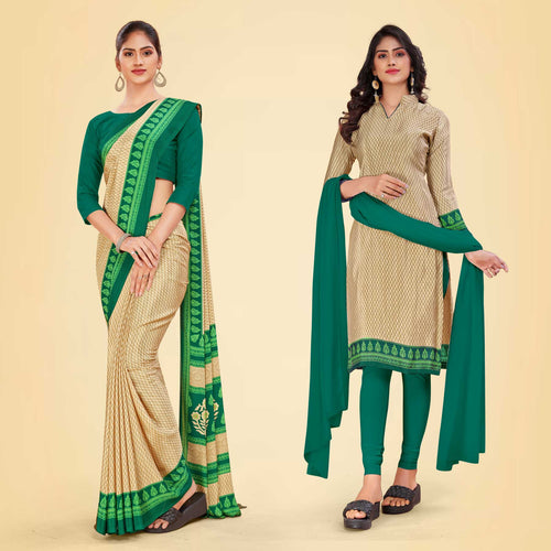 Beige and Bottle Green Women's Premium Italian Silk Small Butty Anganwadi Workers Uniform Saree Salwar Combo