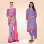 Turquoise and Grey Women's Premium Mulberry Silk Small Butty Students Uniform Saree Salwar Combo