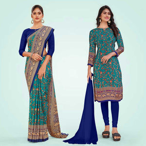 Turquoise and Navy Blue Women's Premium Italian Silk Floral Print College Uniform Saree Salwar Combo