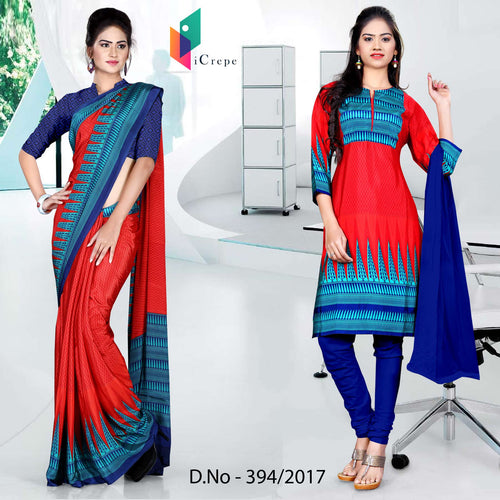 Red and Blue Women's Premium Italian Silk Eyecatchers School Uniform Sarees Salwar Combo