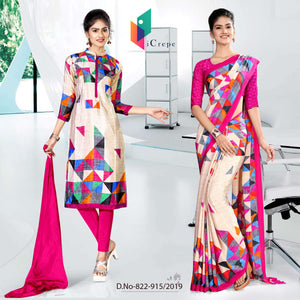 Cream and Pink Women's Premium Italian Silk Eyecatchers Uniform Sarees Salwar Combo For Employees Uniforms
