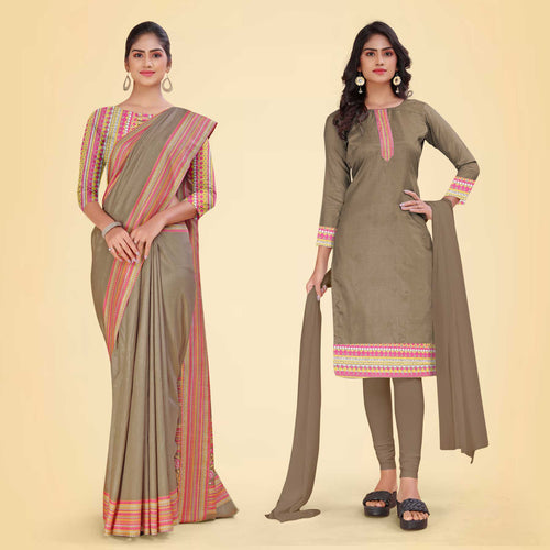 Pistachio Women's Premium Mulberry Silk Plain Gaala Border Teachers Uniform Saree Salwar Combo