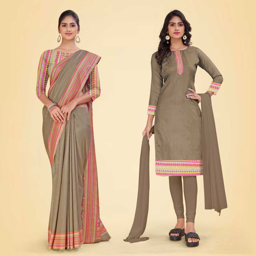 Brownish Grey Women's Premium Mulberry Silk Plain Gaala Border PTM Uniform Saree Salwar Combo