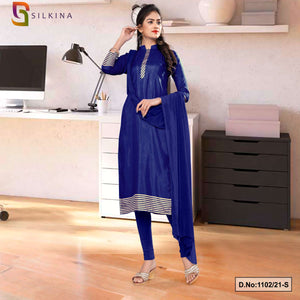 Navy Blue Women's Premium Polycotton Raw Silk Plain Border Teachers Uniform Salwar Kameez