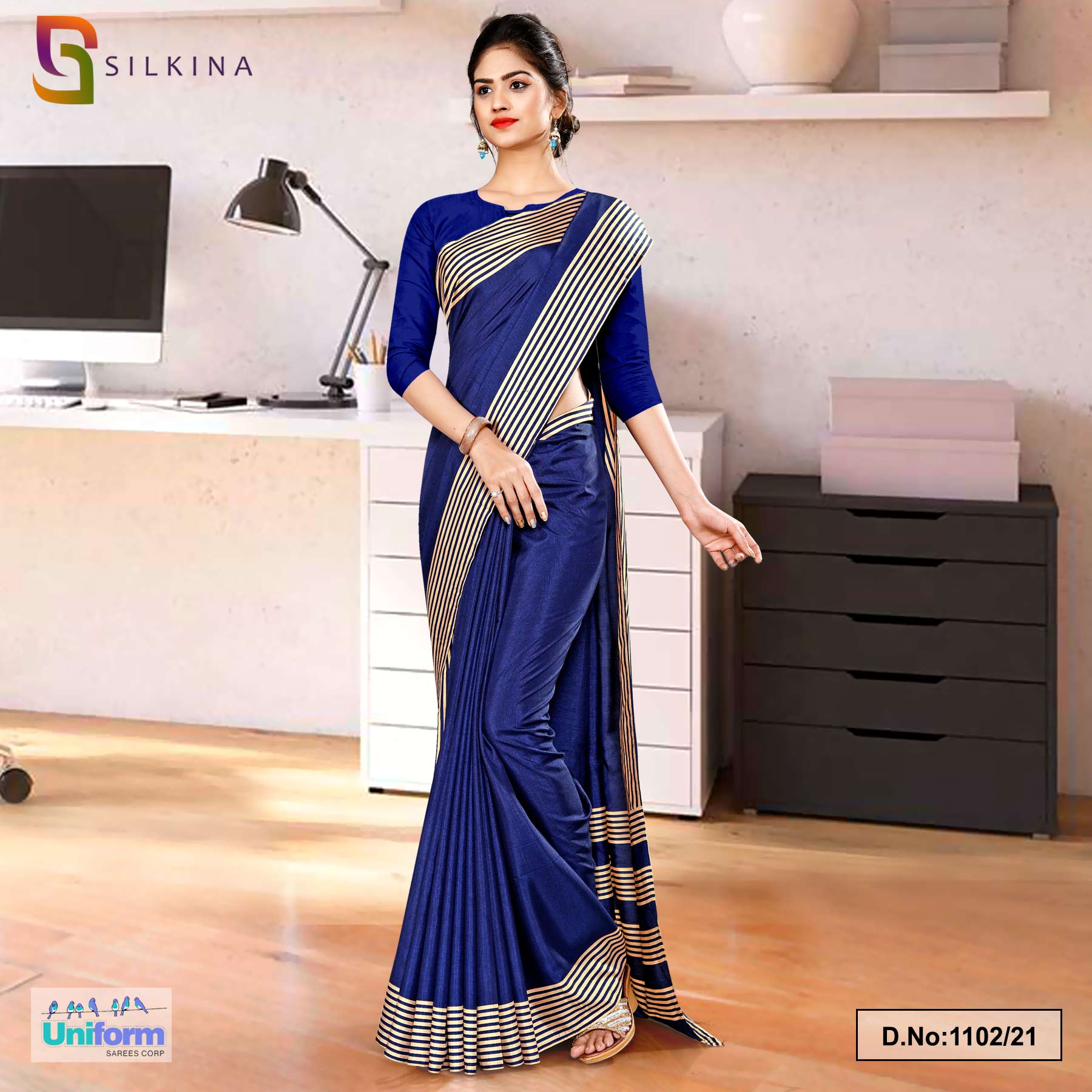 Sky blue plain saree with thin golden zari border - Sri Kumaran Stores