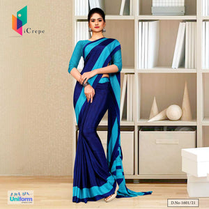 Navy Blue Sea Green Gala Border Premium Italian Silk Crepe Uniform Sarees For Showroom Staff