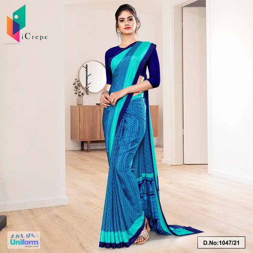 Navy Blue Sea Green Small Print Premium Italian Silk Crepe Uniform Sarees For Institutions