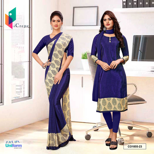 Navy Blue Women's Premium Italian Silk Fancy Print Uniform Saree Salwar Combo for Front Office Staff
