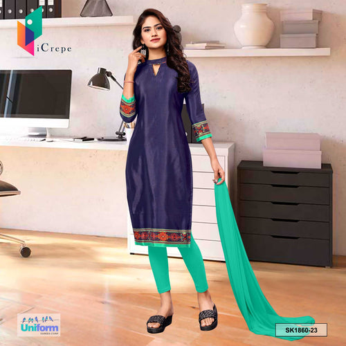 Navy Blue and Sea Green Women's Premium Silk Crepe Plain Border School Teachers Uniform Salwar Kameez