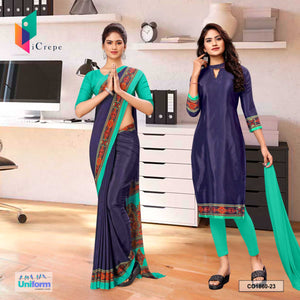 Navy Blue and Sea Green Women's Premium Silk Crepe Plain Border School Teachers Uniform Saree Salwar Combo