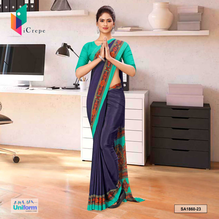 Navy Blue and Sea Green Women's Premium Silk Crepe Plain Border School Teachers Uniform Sarees With Blouse Piece
