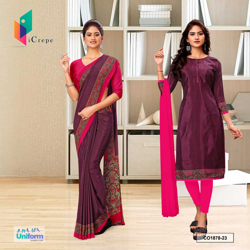 Navy Wine and Dark Pink Women's Premium Silk Crepe Plain Border Employees Uniform Saree Salwar Combo