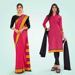 Aqua Blue and Pink Women's Premium Manipuri Cotton Small Butty Receptionist Uniform Saree Salwar Combo