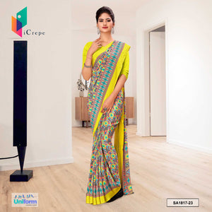 Neon Yellow Women's Premium Italian Silk Ikat Print Showroom Uniform Sarees With Blouse Piece