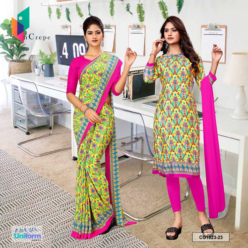 Neon Yellow and Pink Women's Premium Italian Silk Ikat Print Employees Uniform Saree Salwar Combo