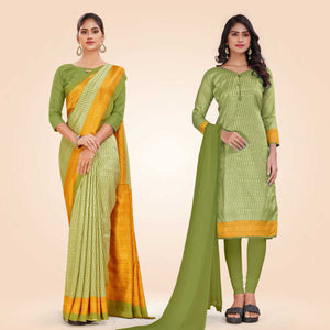 Moss Green and Yellow Women's Premium Mulberry Silk Small Butty Teachers Uniform Saree Salwar Combo