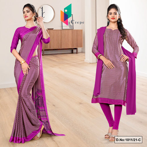 Wine Women's Premium Italian Silk Small Butty Uniform Sarees Salwar Combo For College Uniform