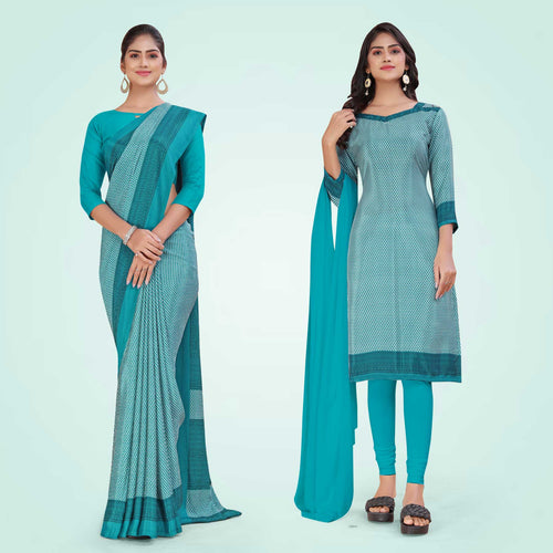 Royal Blue Women's Premium Italian Silk Small Butty Housekeeping Uniform Saree Salwar Combo
