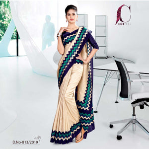 Off White And Blue  Cotton School Uniform Saree