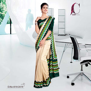 Off White And Green Cotton School Uniform Saree