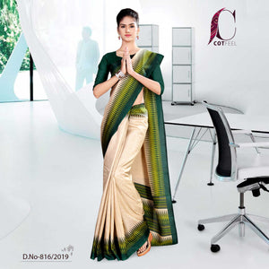 Off White And Green Tripura Cotton Institute Uniform Saree