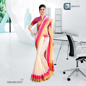 Off White And Pink Craftly Cotton Corporate Uniform Saree