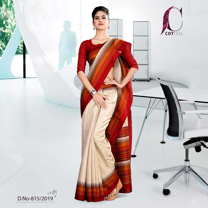 Off White And Red  Cotton Corporate Uniform Saree