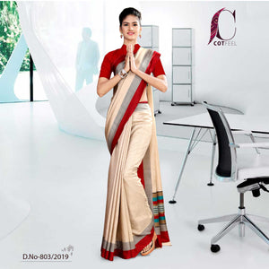 Off White And Red  Tripura Cotton Corporate Uniform Saree