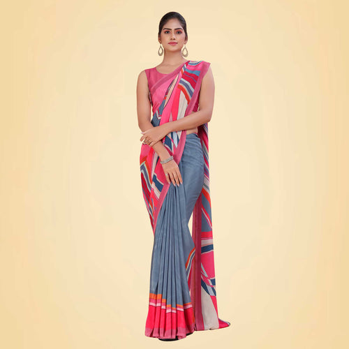 Peach and Navy Blue Women's Premium Italian Silk Digital Print Uniform Sarees for Institutions With Blouse Piece