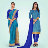 Turquoise and Grey Women's Premium Mulberry Silk Small Butty Students Uniform Saree Salwar Combo