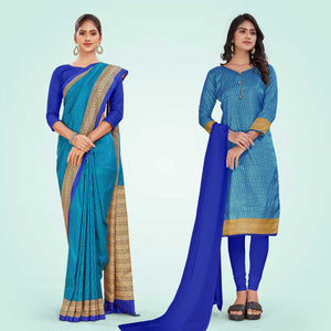 Blue and Royal Blue Women's Premium Mulberry Silk Small Butty Staff Uniform Saree Salwar Combo