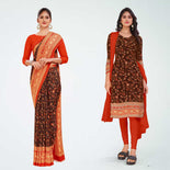 Maroon and Bottle Green Women's Premium Italian Silk Floral Print School Teacher Uniform Saree Salwar Combo