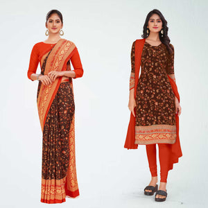 Brown and Orange Women's Premium Italian Silk Floral Print Institution Uniform Saree Salwar Combo