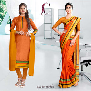 Orange And Yellow  Fancy Corporate Uniform Saree Salwar Combo