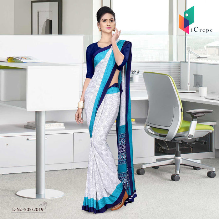 Off White And Blue Italian Crepe Silk Institution Uniform Saree