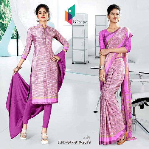 Lavender and Grey Women's Premium Italian Silk Eyecatchers Uniform Sarees Salwar Combo for School Uniform Sarees