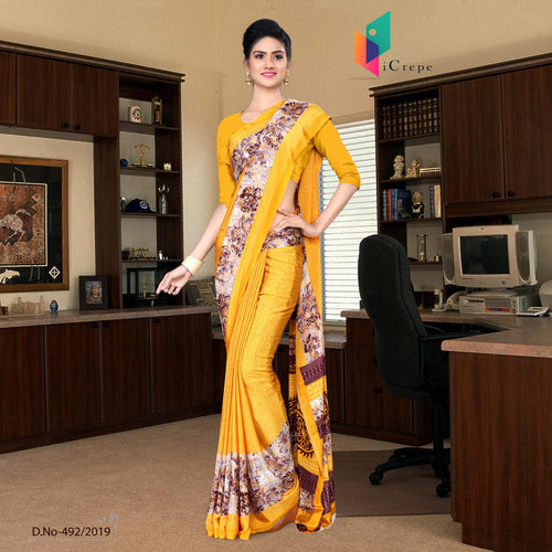 Yellow And Yellow Italian Crepe Silk Corporate Uniform Saree