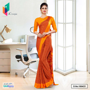 Orange Small Print Premium Italian Silk Crepe Saree For Hospital Uniform Sarees