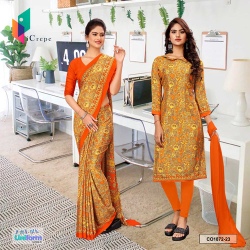 Orange Women's Premium Silk Crepe Floral Print Jewellery Showroom Uniform Saree Salwar Combo