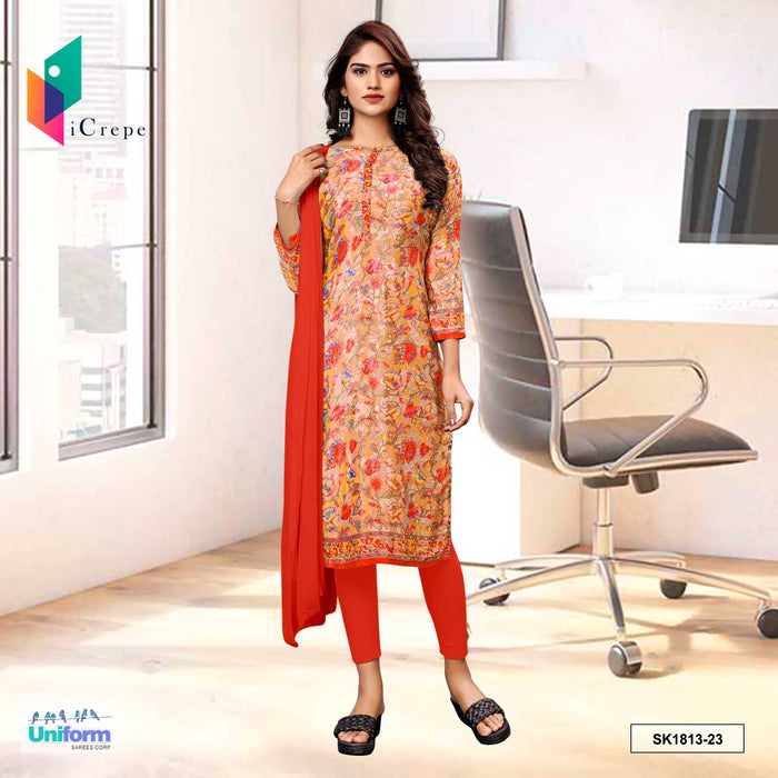 Orange Women's Premium Silk Crepe Floral Print Teachers Uniform Salwar Kameez
