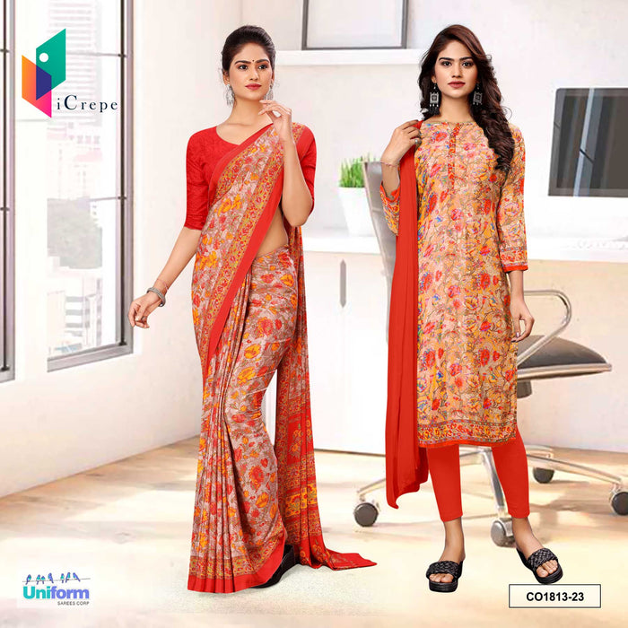 Orange Women's Premium Silk Crepe Floral Print Teachers Uniform Saree Salwar Combo