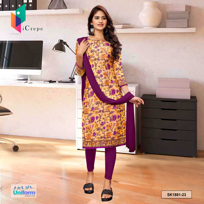 Orange and Wine Women's Premium Silk Crepe Floral Print Jewellery Formal Wear Uniform Salwar Kameez